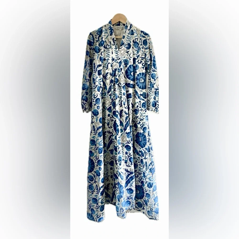 Charlotte Kellogg Palm Beach Blue and White Floral Maxi Dress size S cotton
